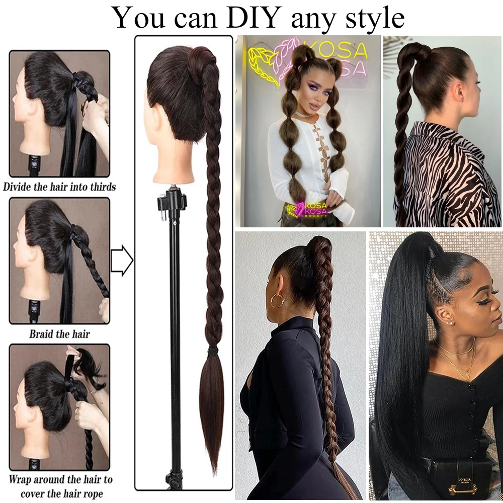 Aosiwig Synthetic Long Straight Ponytail With Elastic Band Wrap Around Black Pony Tail Extension Fake False Hairpiece For Women