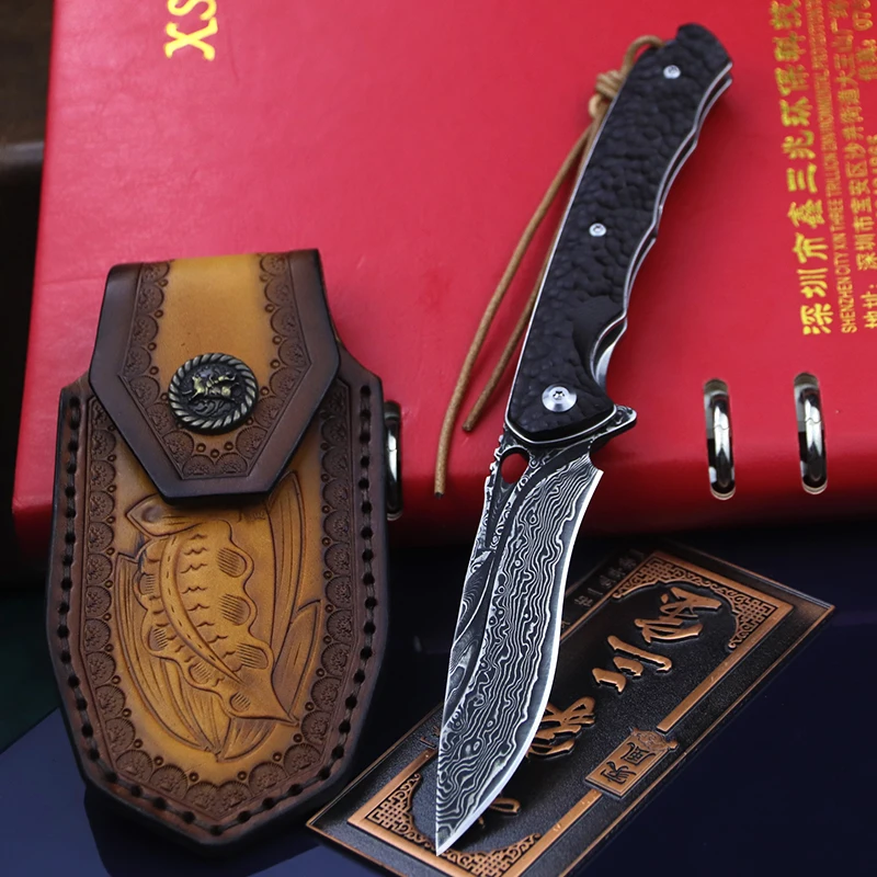 

Damascus steel Outdoor Camping knife VG10 Steel portable folding knife Hunting portable self-defense knife ebony handle