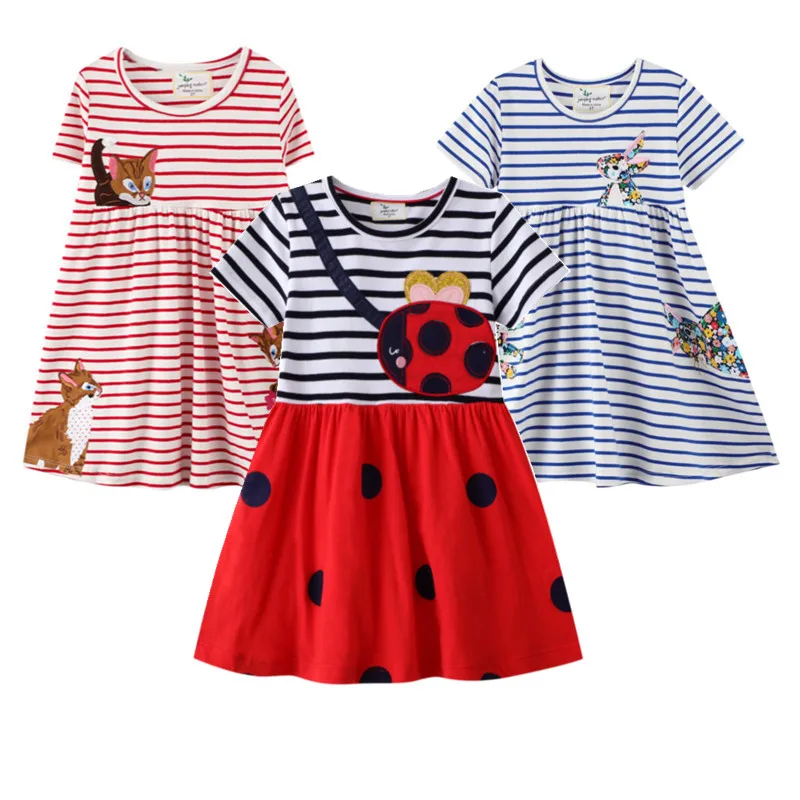 

Stripes Girls Dress Summer Cotton A Line Dress for Kids Cartoon Short Sleeve Princess Dress