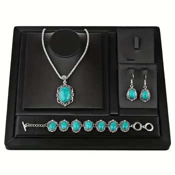 3pcs Women's Vintage Turquoise Bracelet Necklace Earrings Set, Healing Stone Decoration Gift(Without Box)