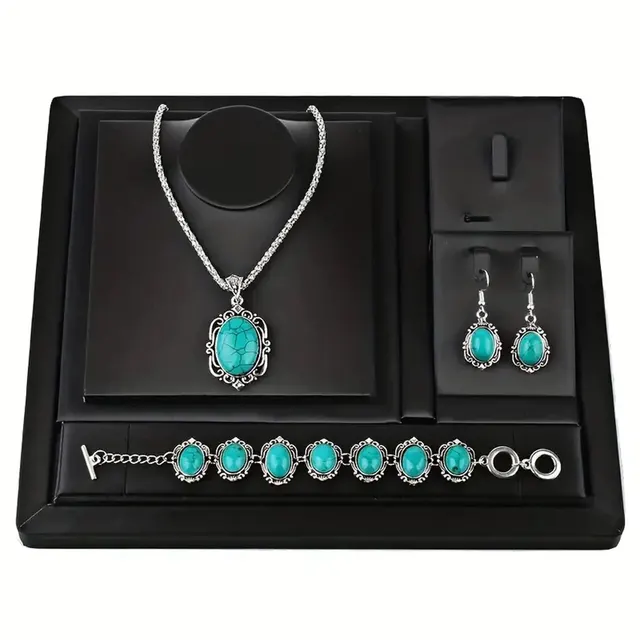 3pcs Women's Vintage Turquoise Bracelet Necklace Earrings Set, Healing Stone Decoration Gift(Without Box) 1