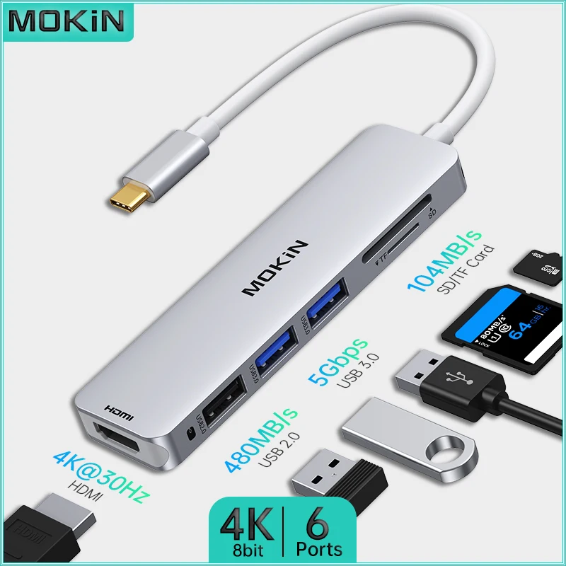 

Док-станция MOKiN 6 в 1 с USB C, HDMI, USB 3,0, USB 2,0, SD/TF