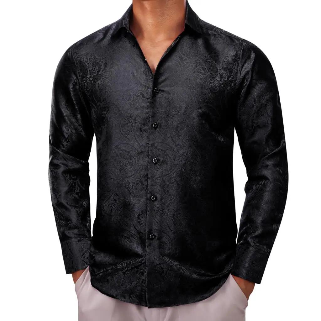 

Designer Shirts for Men Silk Black Paisley Slim Fit Long Sleeve Male Blouses Casual Formal Tops Breathable Barry Wang