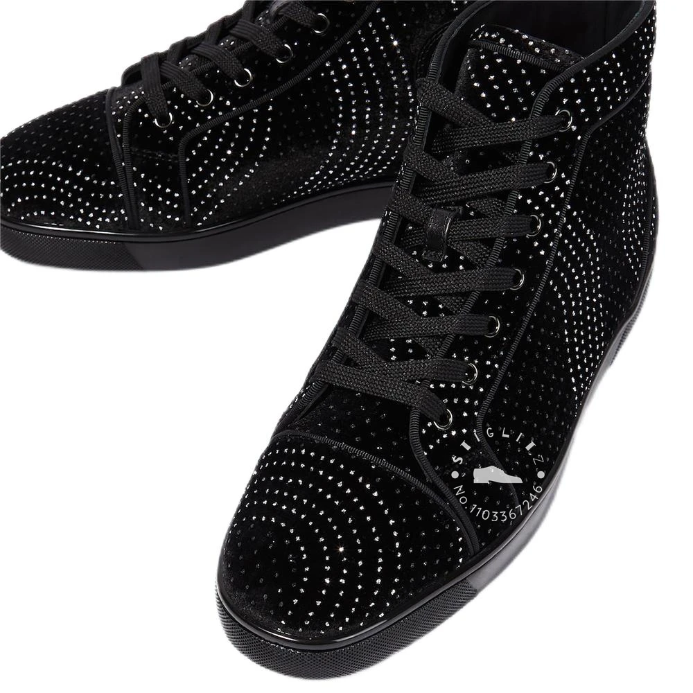 Black Rhinestone Beaded High Top Sneakers Round Toe Flat Casual Shoes Luxury Style Black Suede Fashion Comfort Shoes for Men New