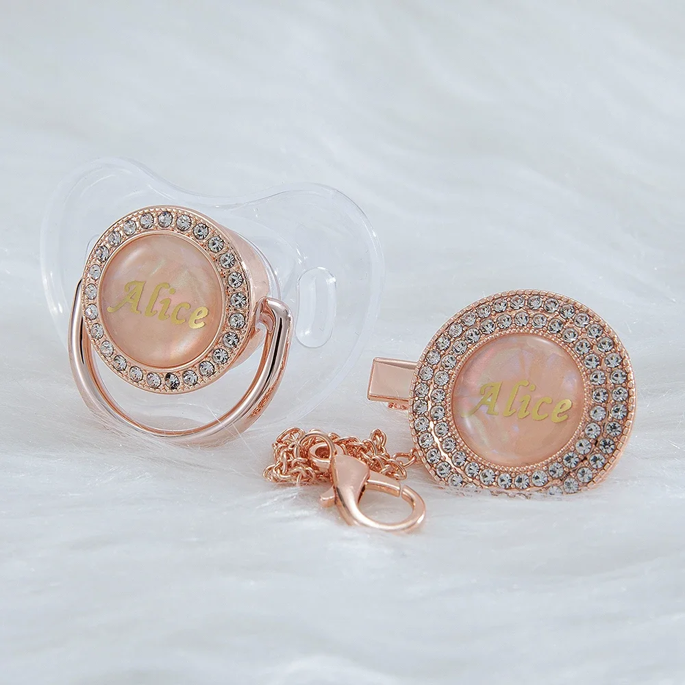 Silicone Pacifier MIYOCAR name transparent pearl bling pacifier and pacifier clip BPA free dummy bling unique gift baby shower pacifier holder