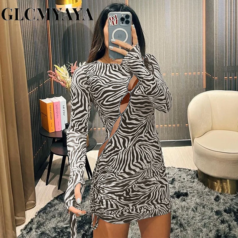 

GLCMYAYA Women Sheer Mesh See Zebra Stripes Print Hollow Out Lace-up Mini Dress 2023 Long Sleeve Draw String Sexy Slim Dresses