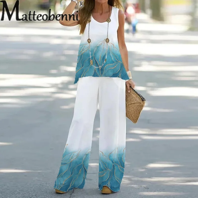 

Elegant Plant Floral Print Two-piece Suit Female Summer Comfortable Casual Sleeveless Tops Elastic High Waist Pants Women's Sets