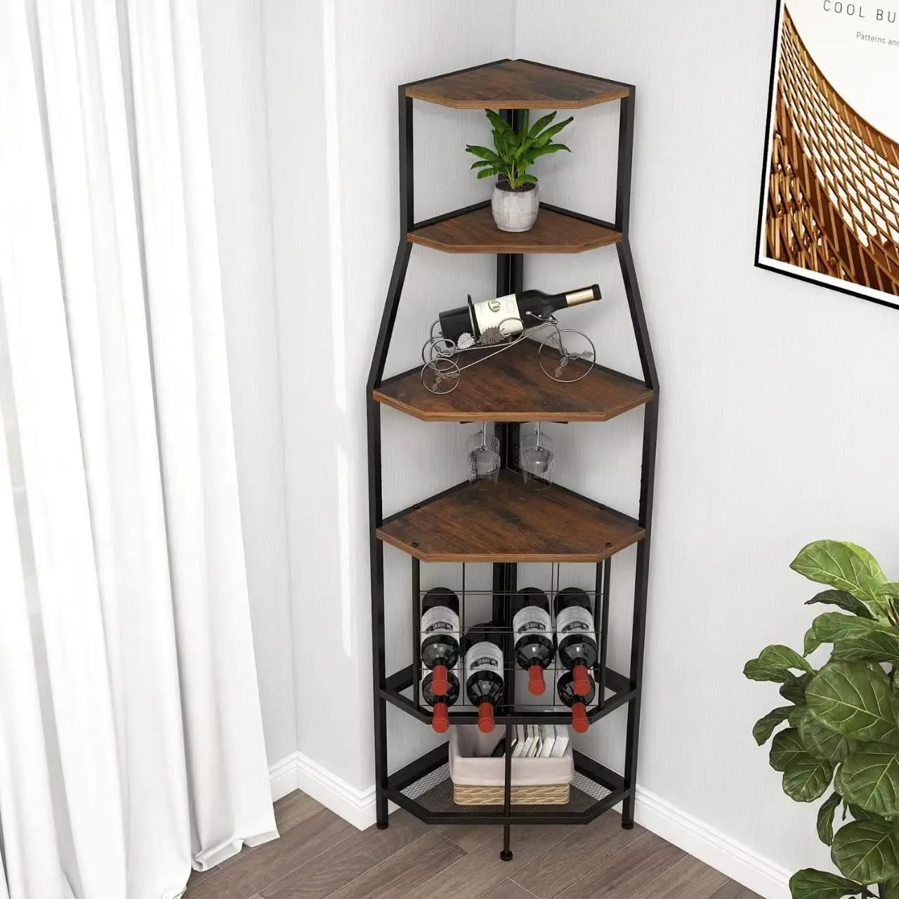 5-Tier Corner Wine Rack Freestanding Floor with Glass Holder and Bottles Wine Storage Home Bar Furniture for Home Kitchen Dinin
