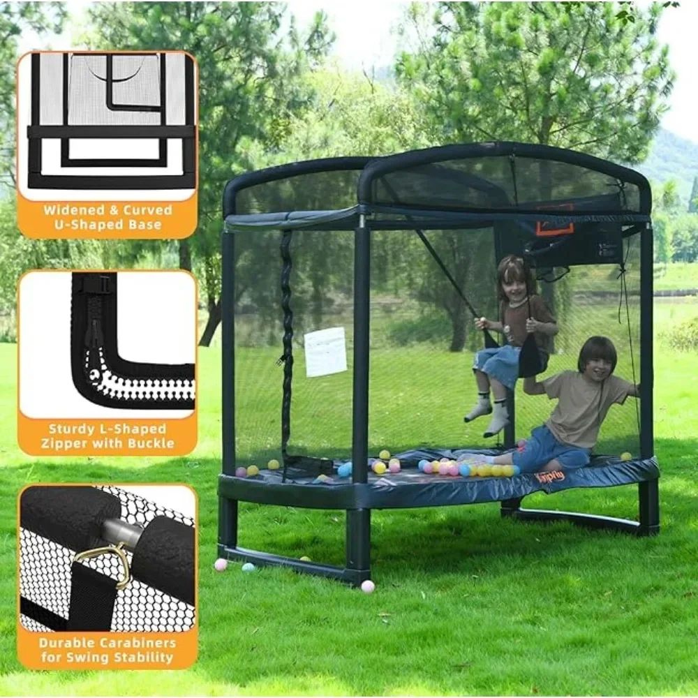 6FT Trampoline for Kids Trampoline with Swing & Basketball Hoop Rectangle Indoor Outdoor Toddler Trampolines W/ Safety Net 4