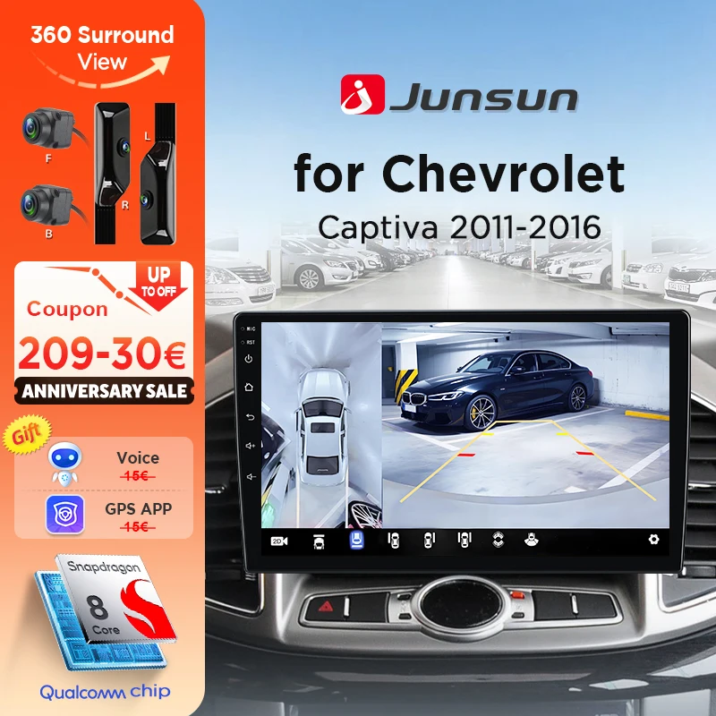 Junsun 360 ° Panoramakamera-Autoradio für Chevrolet Captiva 1 2011 - 2016, kabelloses CarPlay, Android Auto, Stereo, GPS-Navigation, RDS, DSP, integriertes 4G-Cloud-eSIM