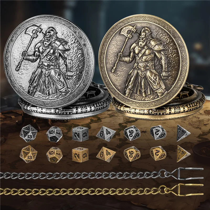 7 teile/satz Kleine Größe Metall Polyedrische Würfel für Rollenspiel RPG Würfel mit Axt Barbaren Taschenuhr Fall Anhänger Kette – Detail 3
