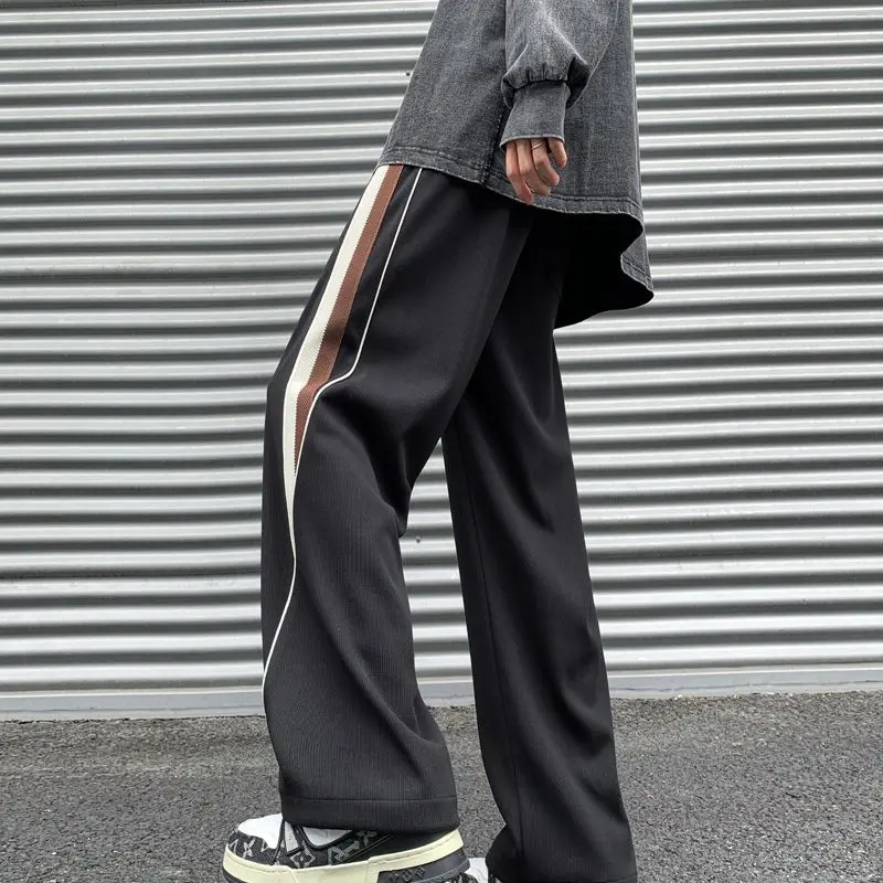 2023 Autumn New Contrast Stripe Spliced Sports Pants Solid Drawstring Pocket American High Street Loose Wide Leg Casual Trousers