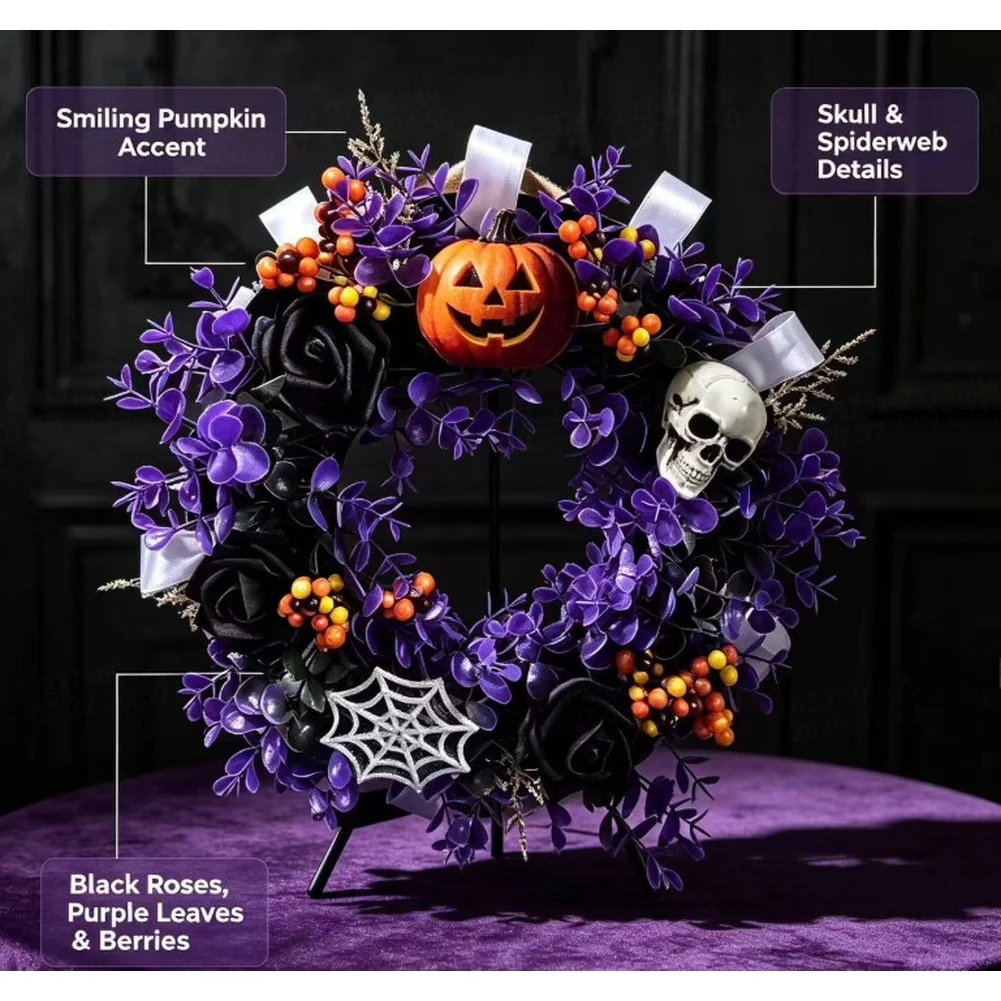 Halloween Themed Party Wall Home Decor Black Purple Artificial Flower Wreath Front Door Indoor Outdoor Hanging Holiday Accessory