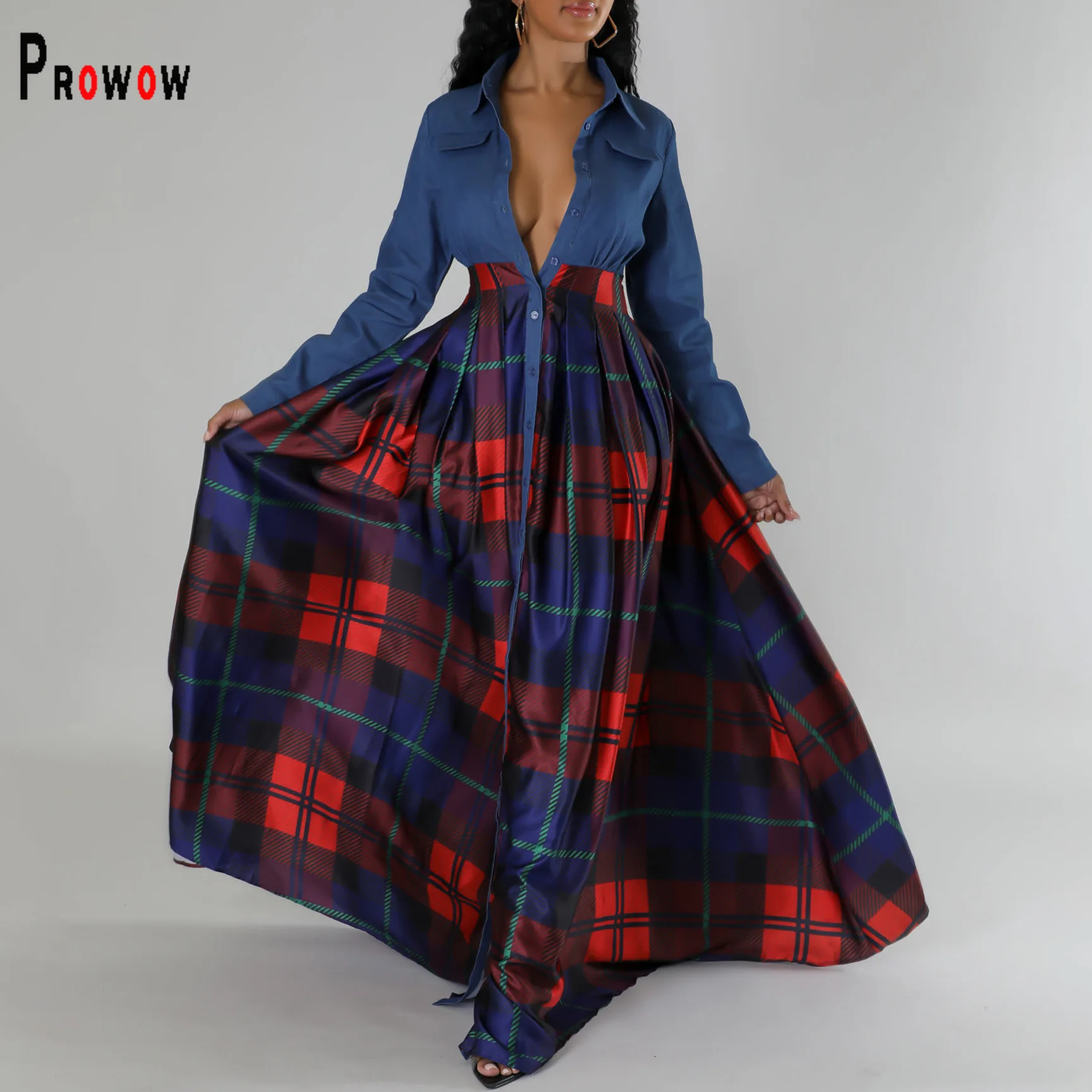 

Prowow High Waisted Women's Maxi Dress Long Sleeve Single Breated Female Clothing Plaid Print Casual Holiday Vacation Outfits