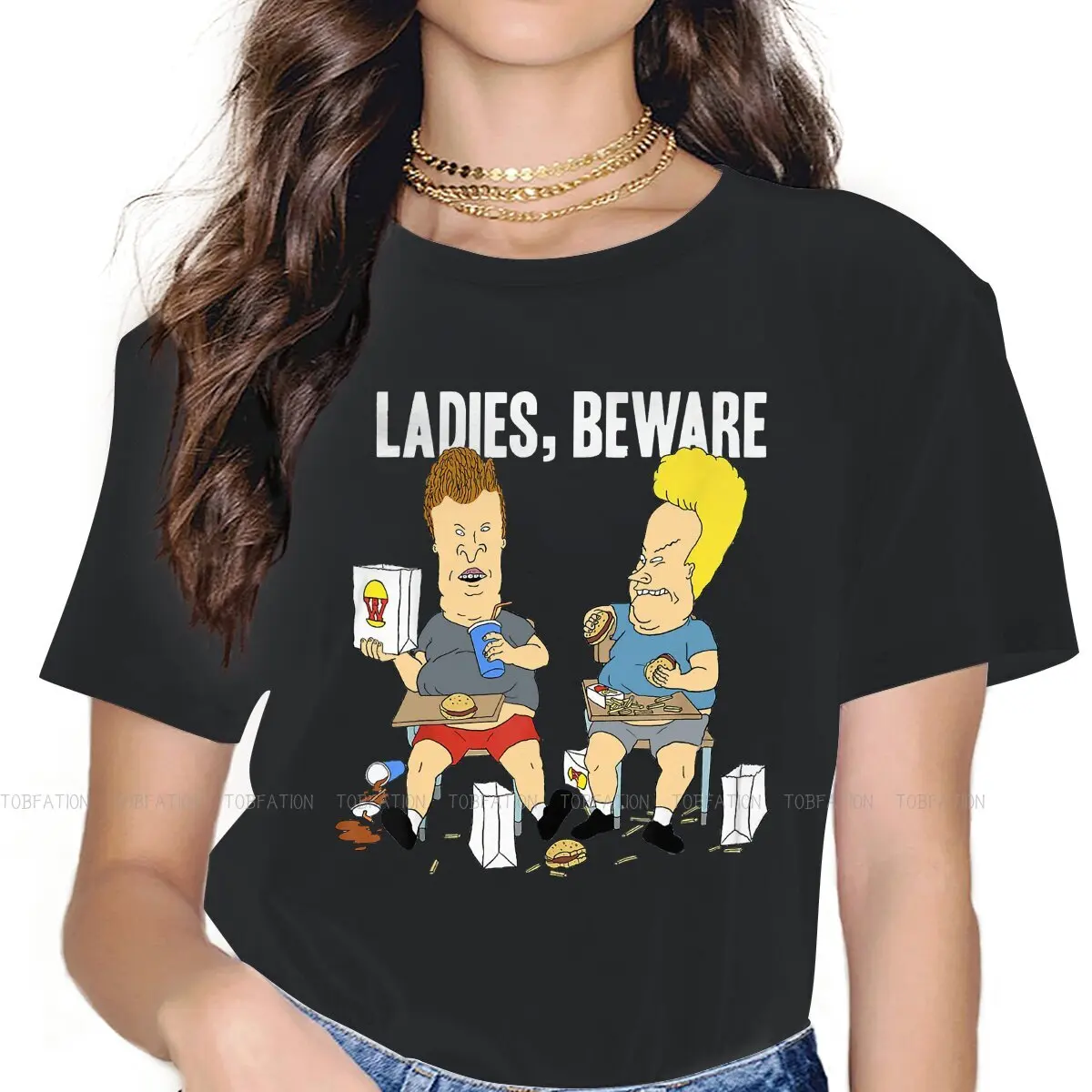 

Ladies Beware Fast Food Portrait Women Clothing Beavis and Butthead Funny Sarcastic Cartoon Graphic Female Tshirts Alternative