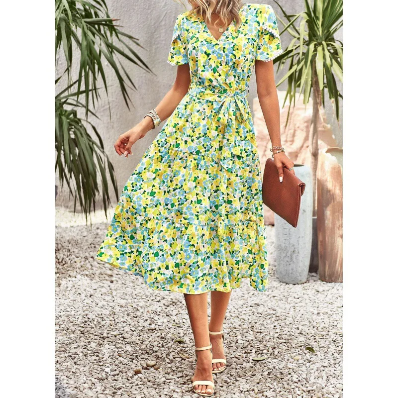 

2023 New Bohemia Women Dress Elegant Floral Print Ruffles Summer Dress Ladies Casual V-neck Split Midi Dress Vintage Party Dress