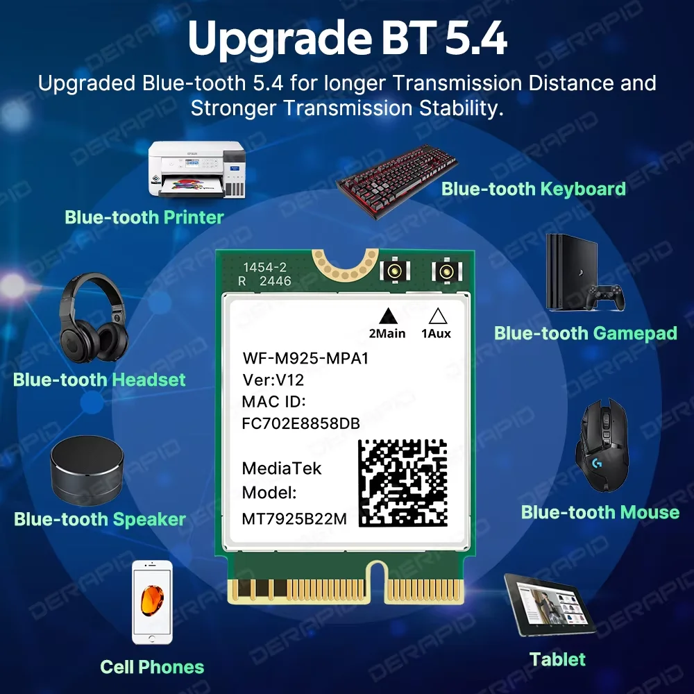 MT7925 WiFi 7 M.2 어댑터 6500Mbps 블루투스 5.4 802.11be 네트워크 카드(Windows 10 11용) AX210NGW보다 우수함 노트북/PC 지원