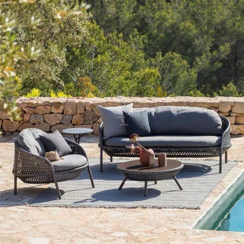 Nordic Rattan Outdoor Garden Sofas Courtyard Backrest Armchair Sofa Leisure Outdoor Garden Furniture Rattan Single Sofa Chair