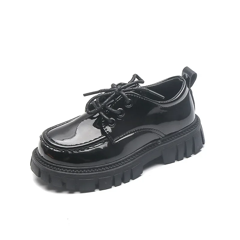 Leather Shoes Children Leather Shoes for Boys Girls Thick Sole Lace-up Kids School Leather Shoes for Wedding Party Show British Style Black