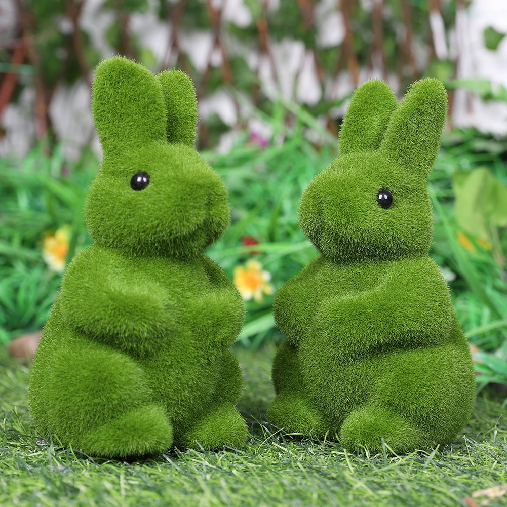 Flocked Bunny Statue Decorative Artificial Moss Rabbit Figure