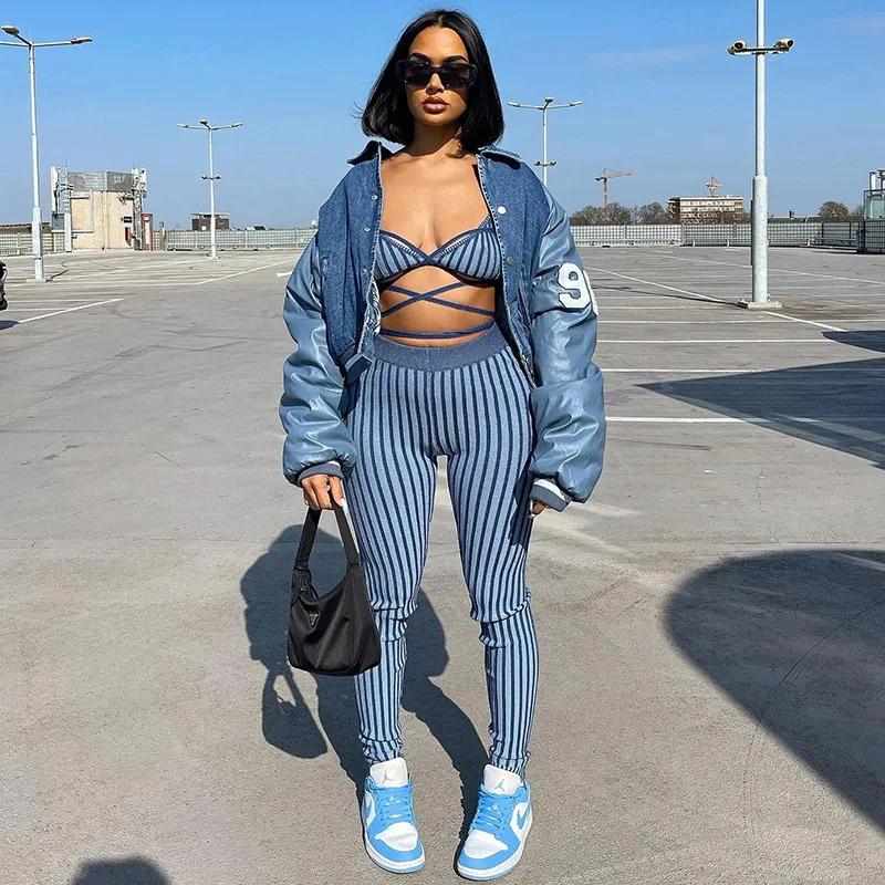 

BoozRey Women's Striped Strappy Vest Slim Pencil Pants Suit Skinny Bodycon Two Piece Set Women Sexy Hollow Streetwear Outfits