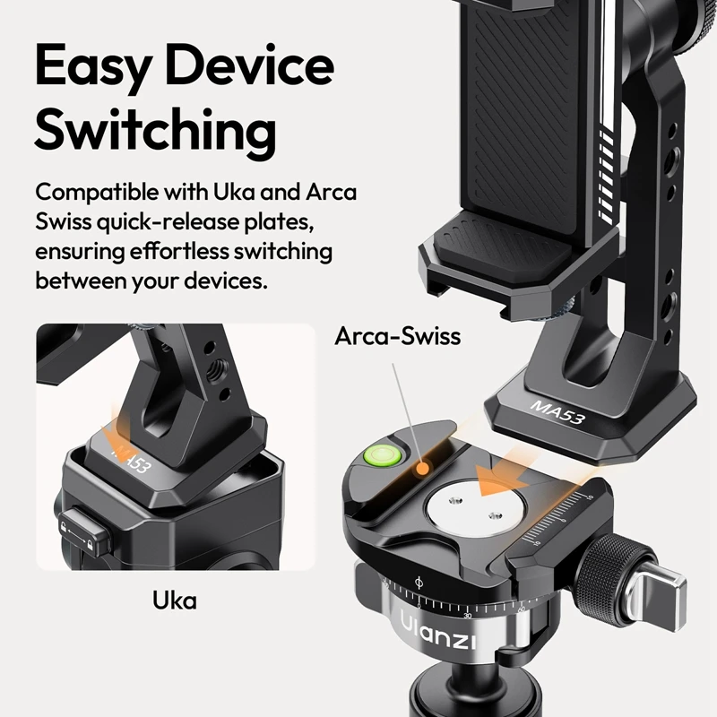 Ulanzi MA53 Arca Swiss Phone Mount with Ball Head 360° Rotation Metal Phone Holder for Photograph Livestreaming Vlog Recording