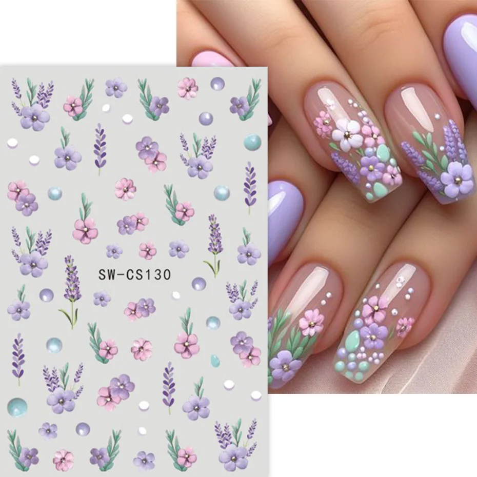 3D Purple Flower Nail Sticker Daisy Cherry Blossom Petal Leaf Butterfly Charm Spring Summer Slider Y2K Manicure Decoration Tips