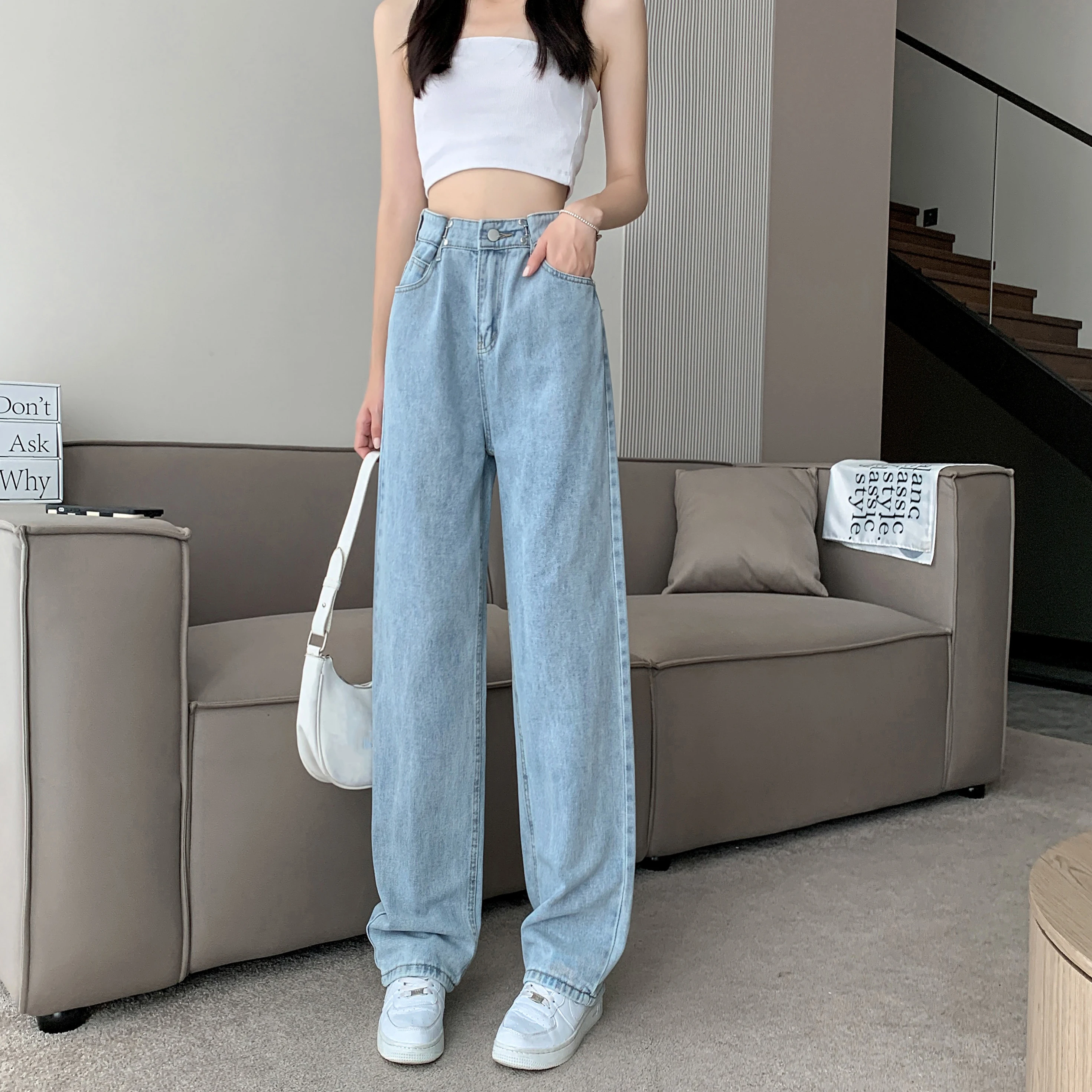

Women's High Waist Baggy Jeans Casual Loose Straight Thin Denim Pants 2022 New Autumn Girls Fashion Trousers