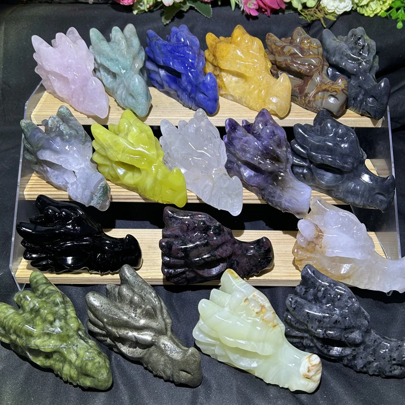 Crystal Dragon Heads Reiki Healing Gemstone Crafts Mixed Materials Dragon Skulls Ornament for Meditation