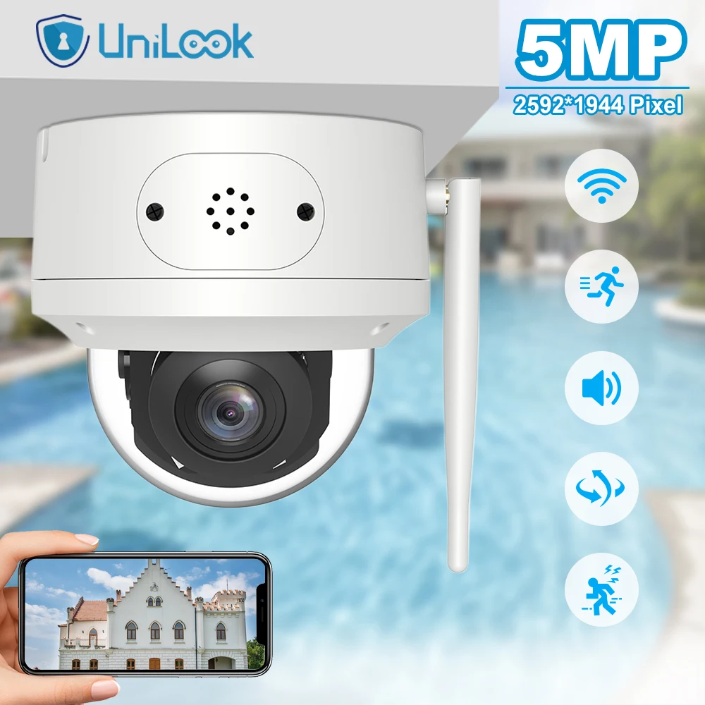 UniLook 5MP Dome PTZ Wifi IP Camera 5X Zoom Wireless Humanoid Detection and Tracking Two-way Audio Outdoor Security Camera H.265