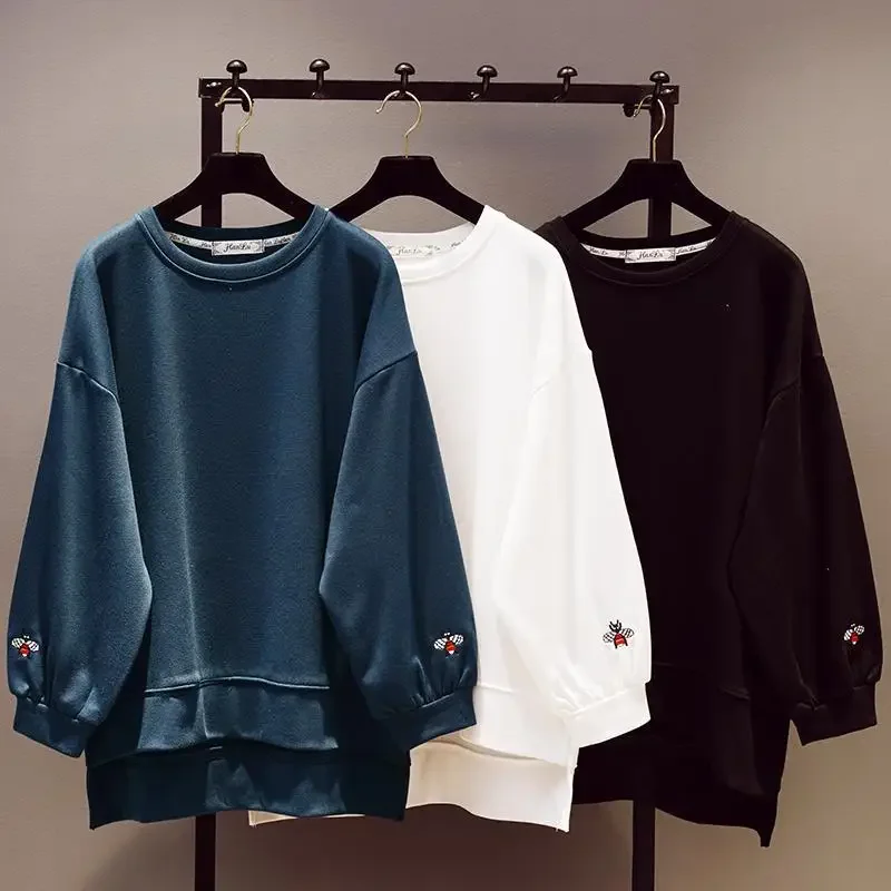 New Spring Fashion O Neck Women Pullovers Tops Embroidery Batwing Sleeve Medium-long Students Sweatshirts Solid Color Hoodies
