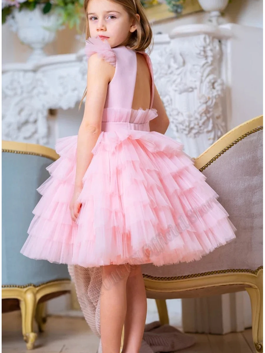 

Puffy Pink Tiered Princess Flower Girl Dresses Ball Gown Baby Girls Couture Birthday Wedding Party Dresses Costumes Customised