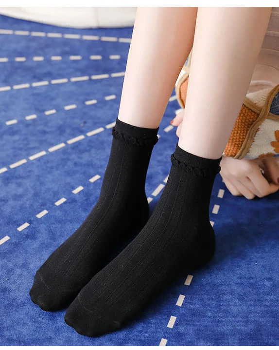 korean style cute frilly solid long socks women kawaii calcetines mujer chaussette femme white fashion sock japanese black woman bed socks for women