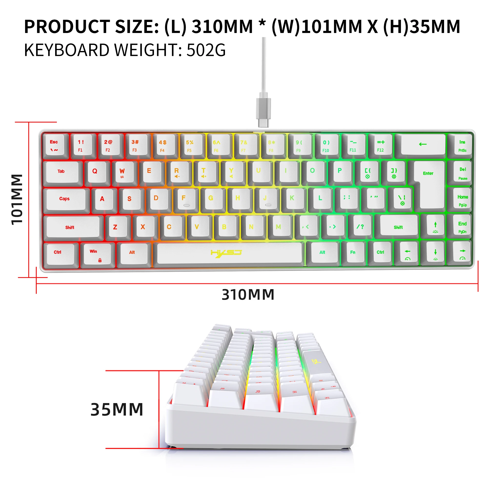 Teclado para juegos con cable USB, teclado portátil con retroiluminación de 20 RGB, 68 teclas, para ordenadores portátiles con Windows y ordenador