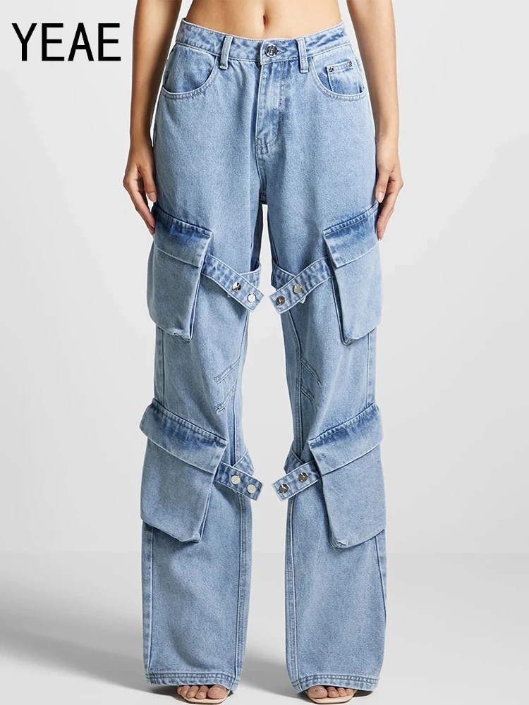 

YEAE Blue Cargo Pants Women Jeans Fashion Multi Pocket High Waist Y2K Denim Pants Vintage 90s Streetwear Baggy Trousers 2023