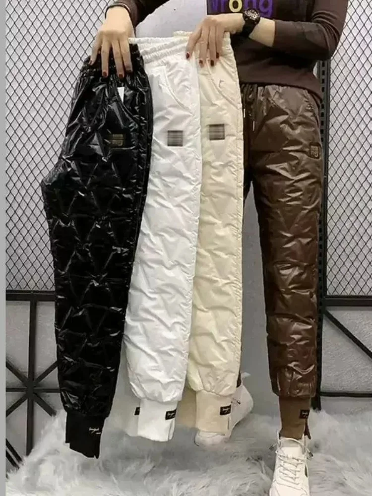 Women's Outdoor High Waist Thiened down Trousers Winter Warm Waterproof Cuffed Cotton Pants Korean Sle Commute Wind