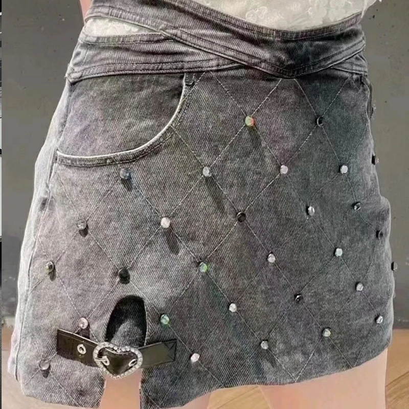 

High Street Y2K Mesh Star Studded Drill Brand New Women Skirts High Waist Slit Hip Denim Mini Skirt 2023 Summer Clothing