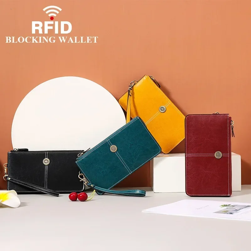 

RFID Women Long Genuine Cow Leather Wallets Vintage Purse Multi-functional Clutch Phone Card Holder High-quality Handbag 7-5
