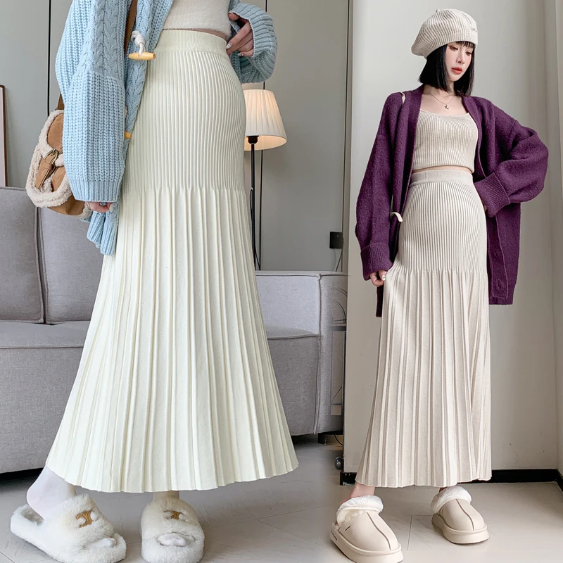 Maternity Clothing Autumn Winter New Knitted Wool Pleated Skirt Casual Slimming Loose A-line Skirt for Pregnant Women Pregnancy