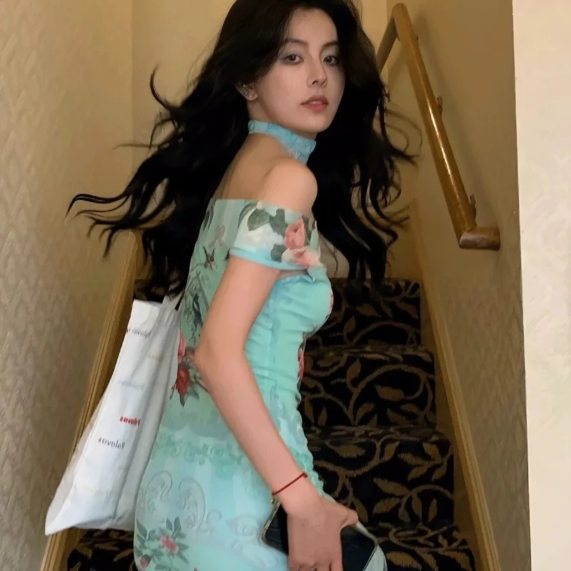 

New Chinese Style Printed One Shoulder Dress for Women's Summer New Fish Tail Elastic Temperament Long Dresses Female Clothing