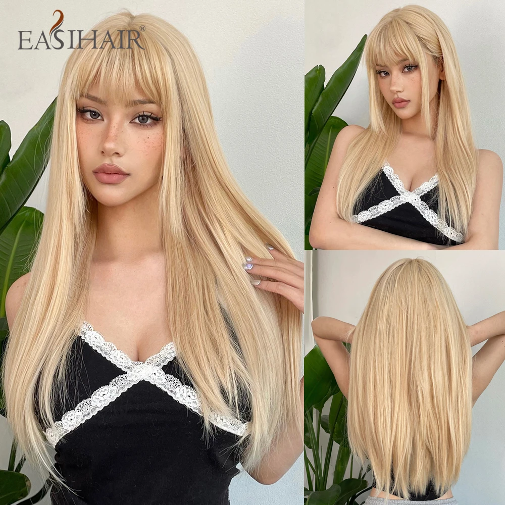 EASIHAIR Blonde Golden Long Straight Synthetic Wigs with Bangs Beige Lolita Hairs Wig for Women Daily Party Heat Resistant Fiber shine ombre blonde wig with bangs full machine made synthetic body wave wig heat temperature fiber wig 30 inch none lace wig