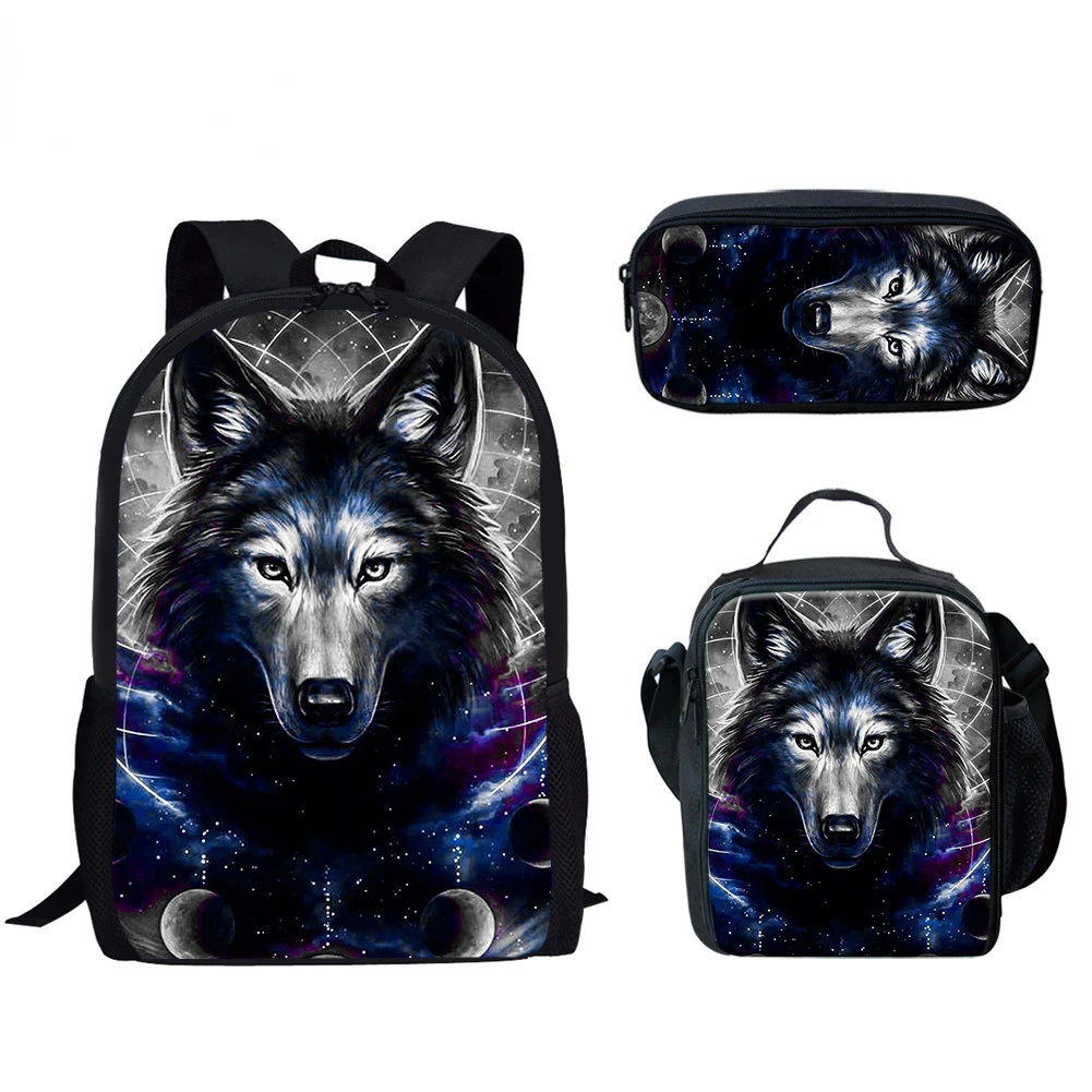 Classic Creative Popular Funny Moon Wolf 3D Print 3pcs/Set pupil School Bags Laptop Daypack Backpack Lunch bag Pencil Case