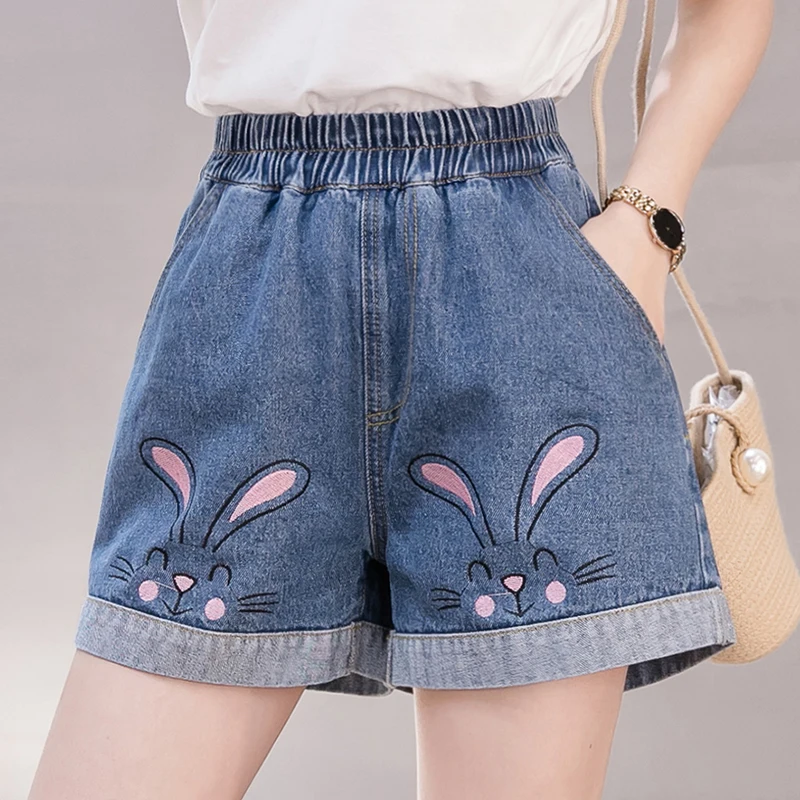 nike dri fit shorts Casual Elastic Waist Ladies Denim Shorts Female Loose Oversize 2021 Summer Women Rabbit Embroidery Shorts Jeans Girls Kawaii nike dri fit shorts Shorts