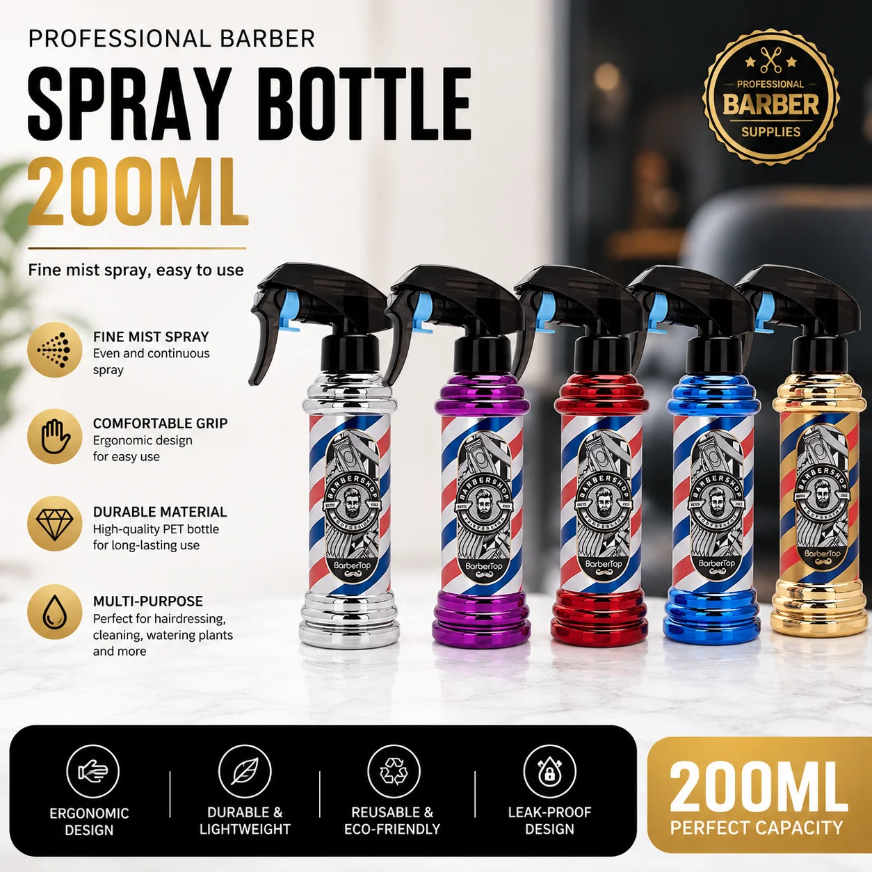 Fine Mist High-Pressure Spray Bottle - 200ml Refillable Container for Barber and Stylist Supplies