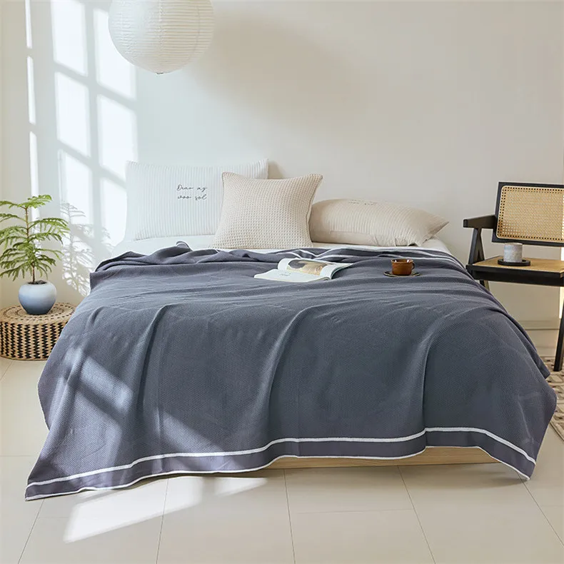 Waffel karierte Baumwolldecken für Betten, solides Auto, Nickerchen, Couch, Sofa, Freizeit, Überwurf, Decke, weich, für Zuhause, Bettdecke, Sommerdecke, Tagesdecke – Detail 9