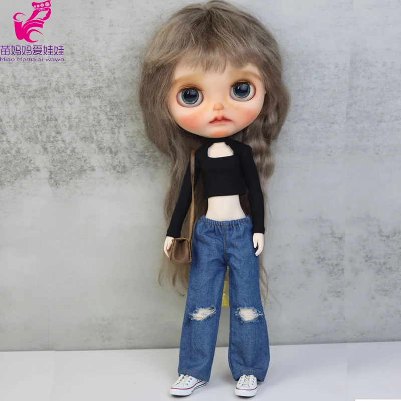 Blythe Doll Jeans Short Pants and Plaid Blouse for Ob24 Ob22 Azone Doll Clothes