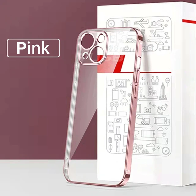 Luxury Plating Transparent Soft Silicone Case for iPhone 13 11 12 Pro Max Mini XR X XS Shockproof Clear Cover Camera Protect Pink