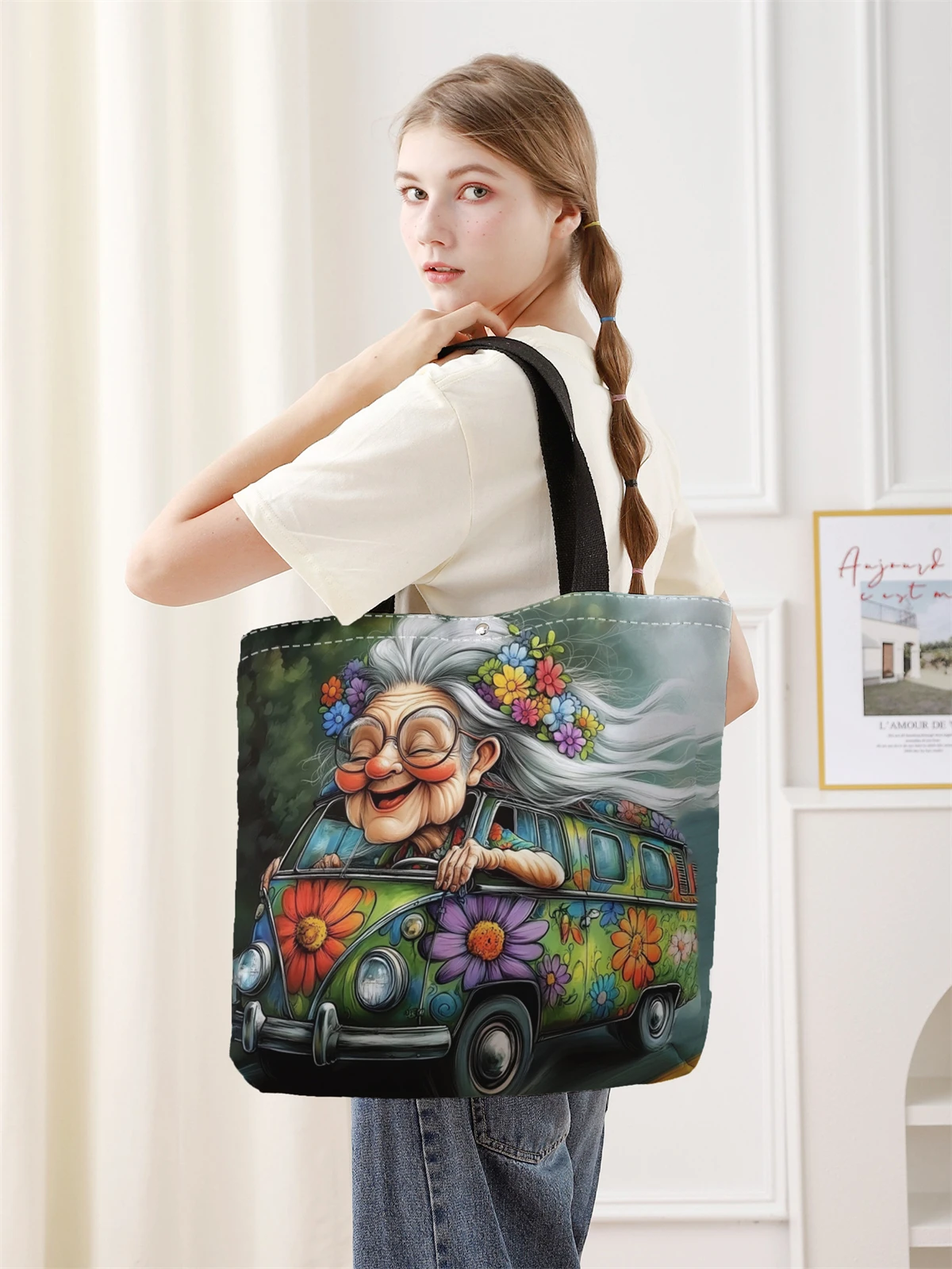 1pc， Handbag, reusable fashionable handbag, multifunctional handbag, printed canvas shopping bag