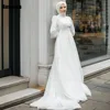 Muslim 2024 Ivory A-line Wedding Dresses Applique Flowers Draped Pleat Brush Train Satin Bride Gown Floor Length robe de mariée 1