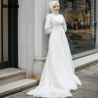 Muslim 2024 Ivory A-line Wedding Dresses Applique Flowers Draped Pleat Brush Train Satin Bride Gown Floor Length robe de mariée 1